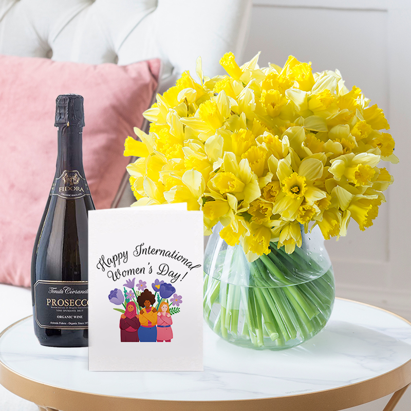 Flowers & Fidora Prosecco Gift Set - 100 Daffodils, Prosecco Fidora & Happy International Women's Day Card - Yellow Daffodil & Daffodils - Next Day