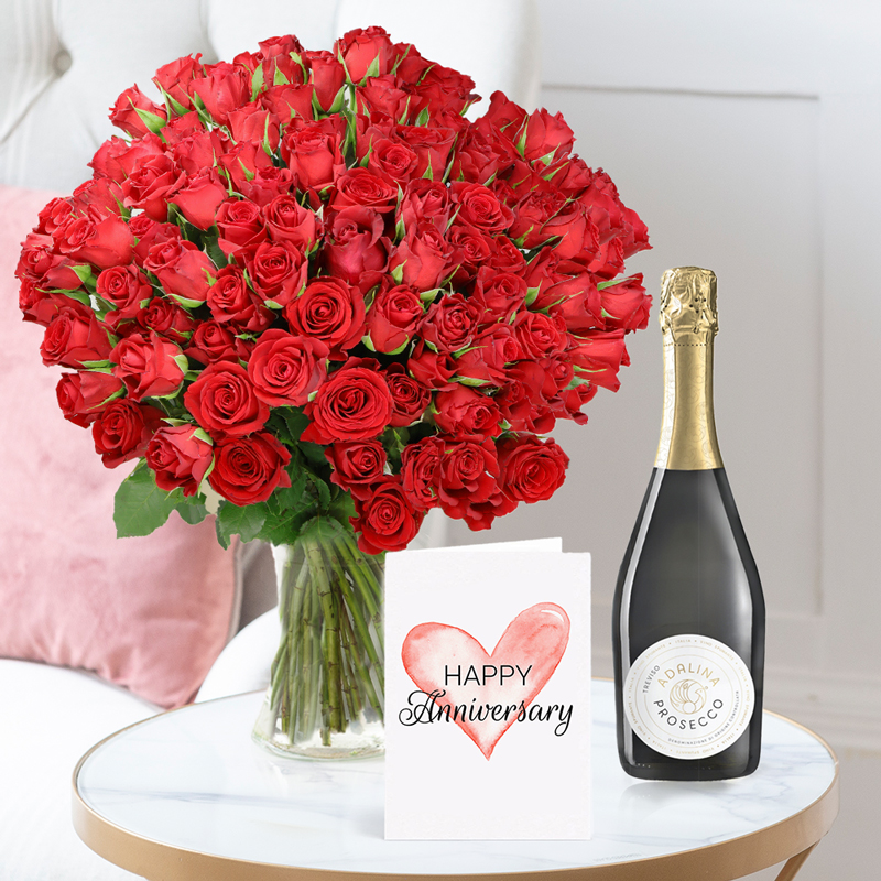 Anniversary Flower Bouquet Gift Set - 100 Sweetheart Red Roses, Prosecco & Anniversary Card - Roses - Next Day Flower & Gift Delivery UK - Blossoming