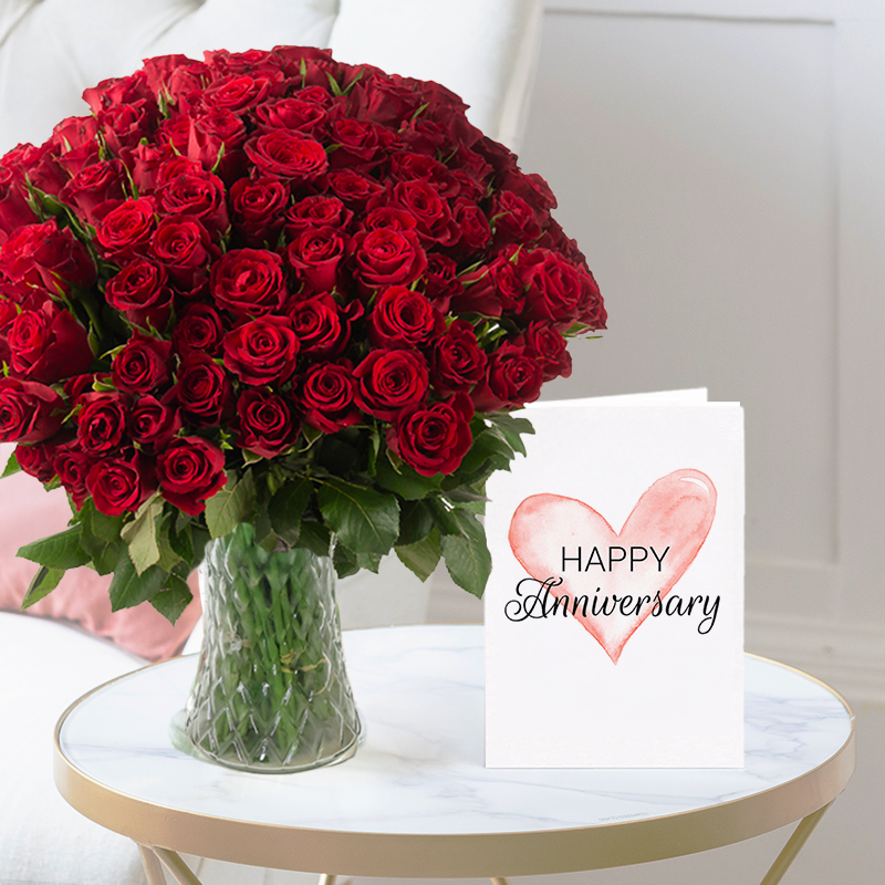 Anniversary Flower Bouquet Gift Set - 100 Red Roses & Anniversary Card - Roses - Next Day Flower & Gift Delivery UK - Blossoming Gifts