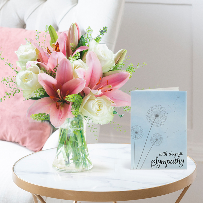 Sympathy Flower Bouquet Gift Set - Beautiful Lily & Rose & Sympathy Card - Pink & White Lilies & Roses - Next Day Flower & Gift Delivery UK -
