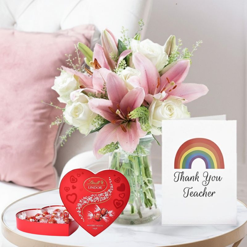 Thank You Flower Bouquet Gift Set - Beautiful Lily & Rose,Lindor Heart Chocolates, Vase & Thank You Teacher Card - Pink & White Solidago - Next Day