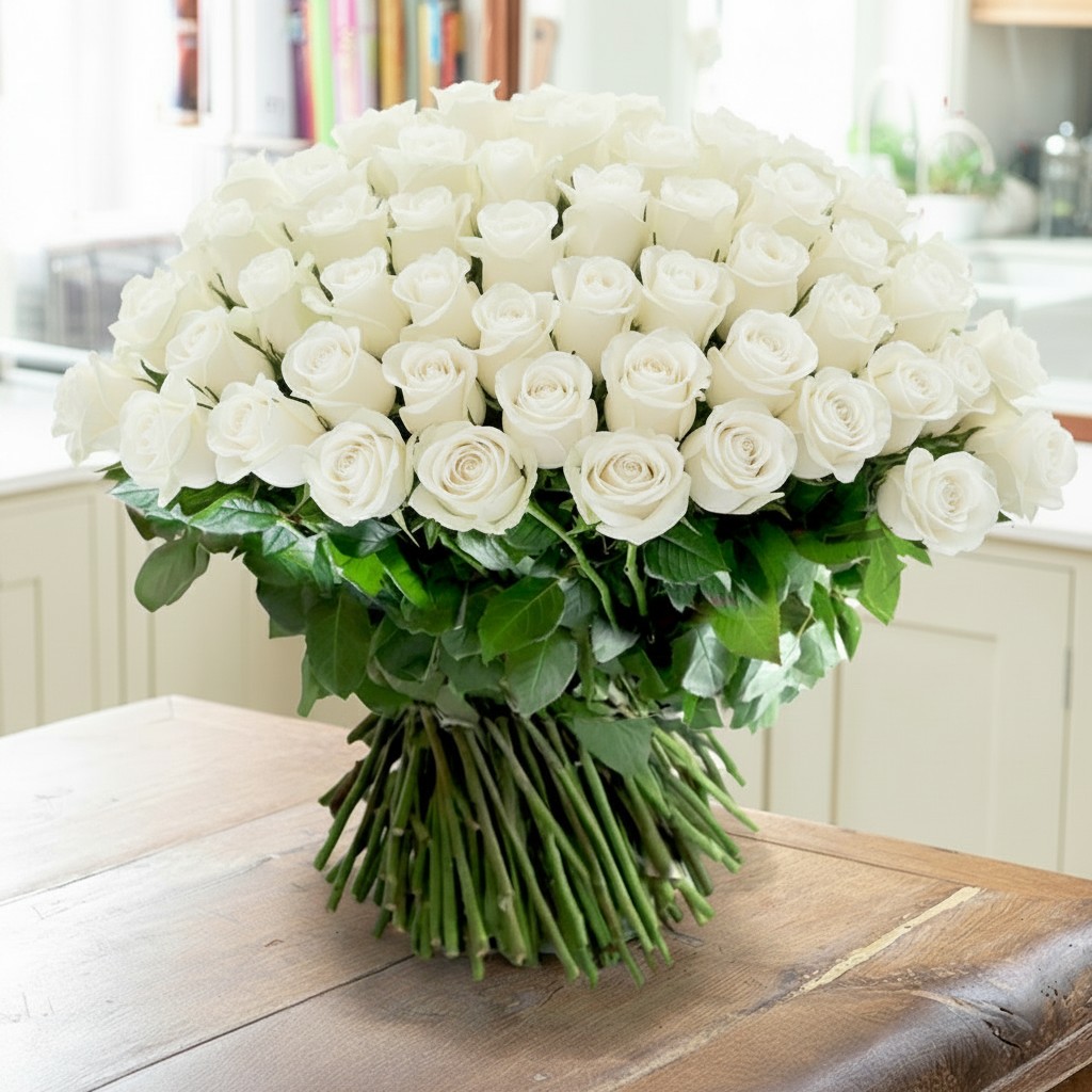 200 White Roses | Roses Bouquet | Fresh White Roses | Hand-Tied Flowers | Next Day Flower Delivery UK | Blossoming Gifts