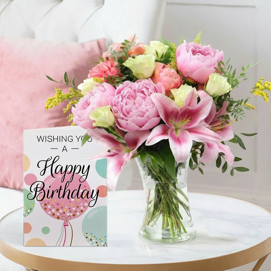 Birthday Flower Bouquet Gift Set - Peony, Rose & Lily, Vase & Birthday Card - Cream & Green Eucalyptus & Lilies - Next Day Flower & Gift Delivery UK -