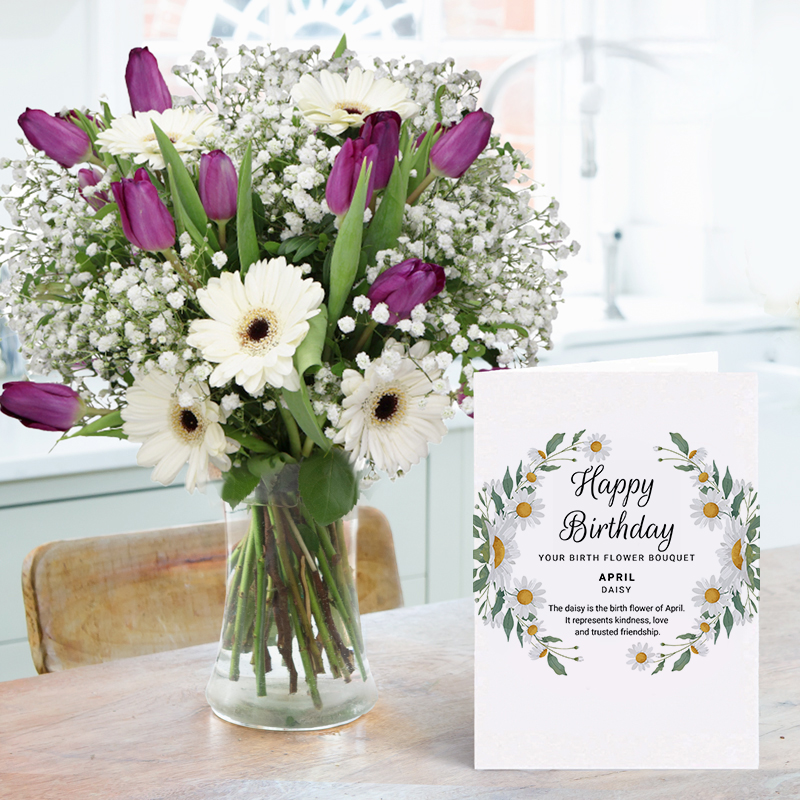 April Birth Flower Bouquet, Vase & Birthday Card | White Germini, Purple Tulips and White Gypsophilla | Next Day Flower Delivery UK - Blossoming Gifts