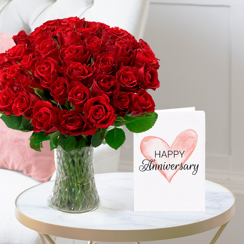 Anniversary Flower Bouquet Gift Set - 50 Red Roses & Anniversary Card - Roses - Next Day Flower & Gift Delivery UK - Blossoming Gifts