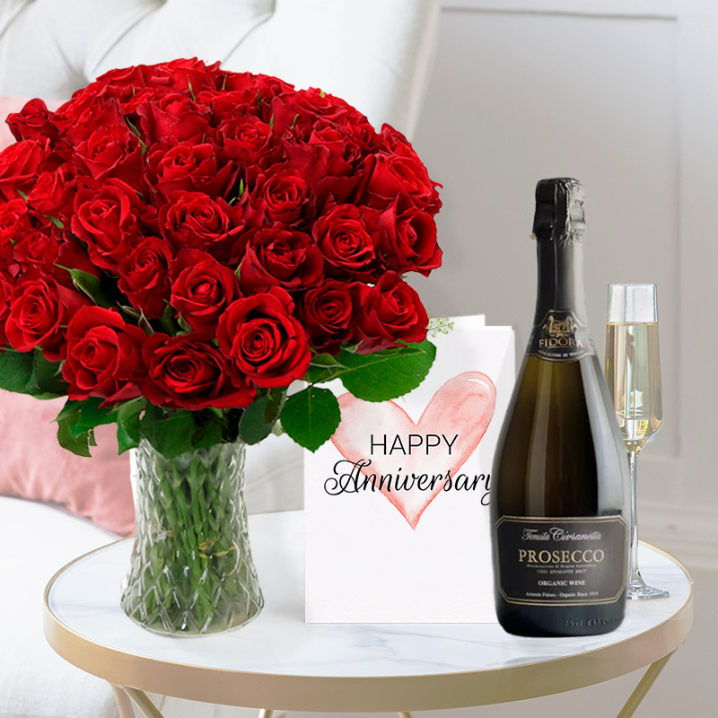 Anniversary Flower Bouquet Gift Set - 50 Red Roses, Prosecco & Anniversary Card - Roses - Next Day Flower & Gift Delivery UK - Blossoming Gifts
