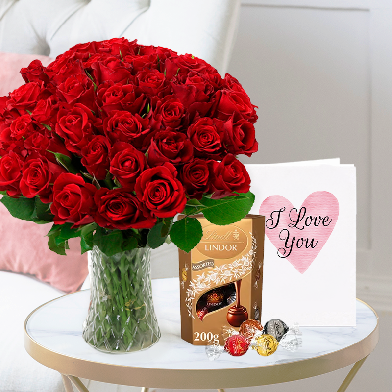 Romance Flower Bouquet Gift Set - 50 Red Roses, Lindor Truffles & Romance Card - Roses - Next Day Flower & Gift Delivery UK - Blossoming Gifts