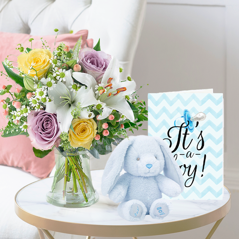New Baby Flower Bouquet Gift Set - Cipriani, Blue Bunny & Baby Boy Card - Yellow & Purple Roses & Lilies - Next Day Flower & Gift Delivery UK -