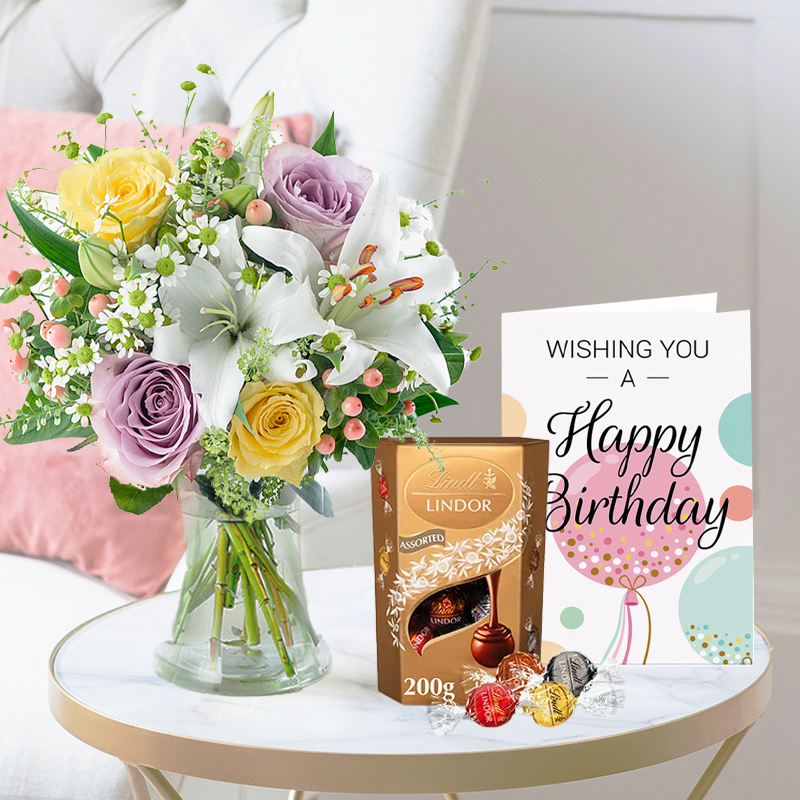 Birthday Flower Bouquet Gift Set - Cipriani, Lindor Truffles & Birthday Card - Yellow & Purple Roses & Lilies - Next Day Flower & Gift Delivery UK -