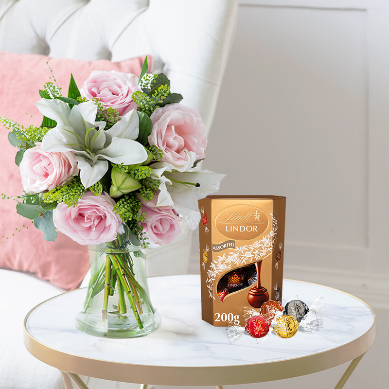Flowers & Chocolates Gift Set - Blush Pink Rose & Lily & Lindor Truffles - Pink & White Roses & Lilies - Next Day Flower & Gift Delivery UK -