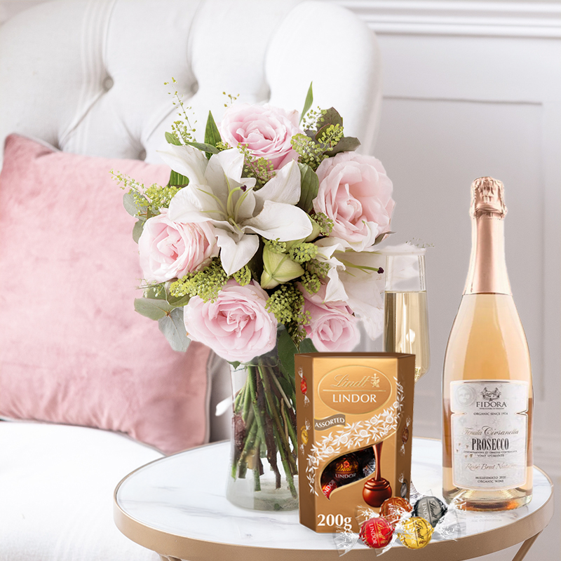 Blush Rose & Lily Bouquet with Prosecco Rose & Lindor Chocolates | Romantic Gift | Next Day Flowers Delivery - Blossoming Gifts