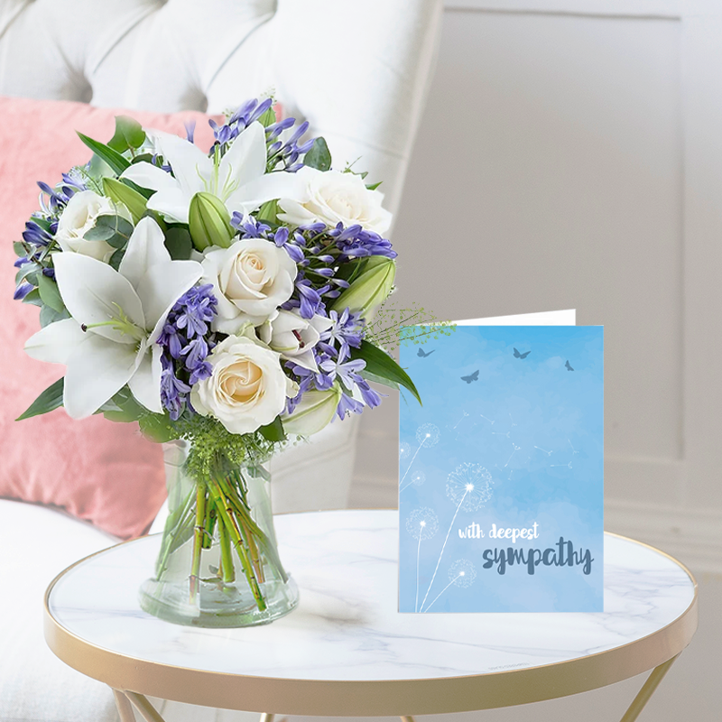 Sympathy Flower Bouquet Gift Set - Belle & Sympathy Card - Blue & Cream Agapanthus & Lilies - Next Day Flower & Gift Delivery UK - Blossoming Gifts