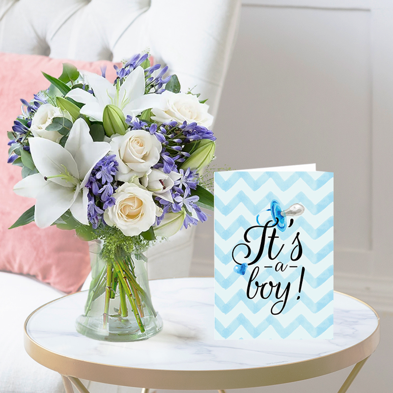 New Baby Flower Bouquet Gift Set - Belle & Baby Boy Card - Blue & Cream Agapanthus & Lilies - Next Day Flower & Gift Delivery UK - Blossoming Gifts