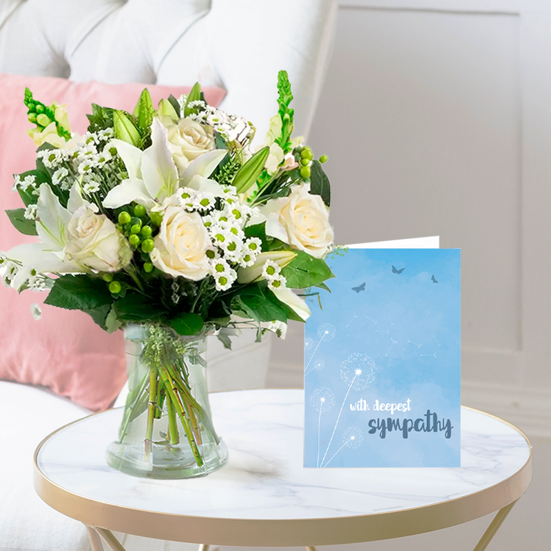 Sympathy Flower Bouquet Gift Set - Simply White Rose & Lily, Vase & Sympathy Card - Cream & Green Antirrhinum & Chrysanthemum - Next Day Flower & Gift