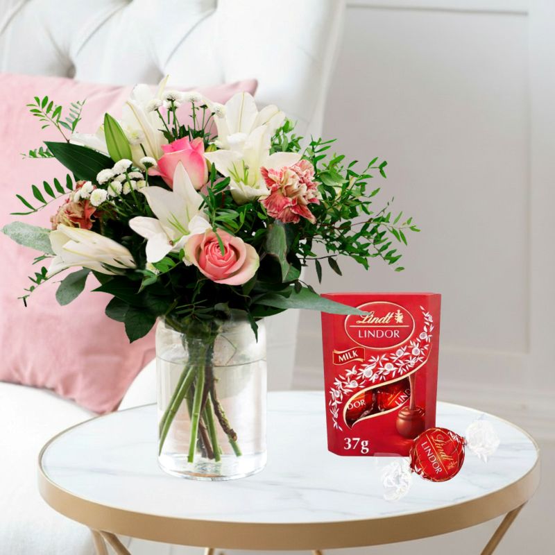 Affordable Flower Bouquet Gift Set - Pink Purity & Free Lindor Chocolates - Next Day Flower & Gift Delivery UK - Blossoming Gifts