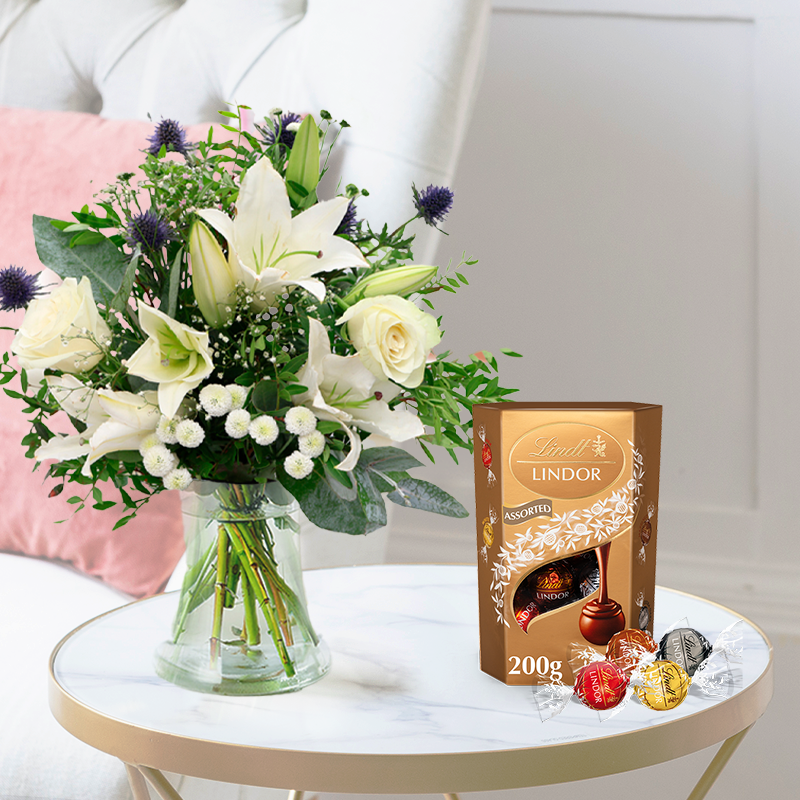 Flowers & Chocolates Gift Set - Blue Serenity & Lindor Truffles - Blue & Cream Roses & Lilies - Next Day Flower & Gift Delivery UK - Blossoming Gifts