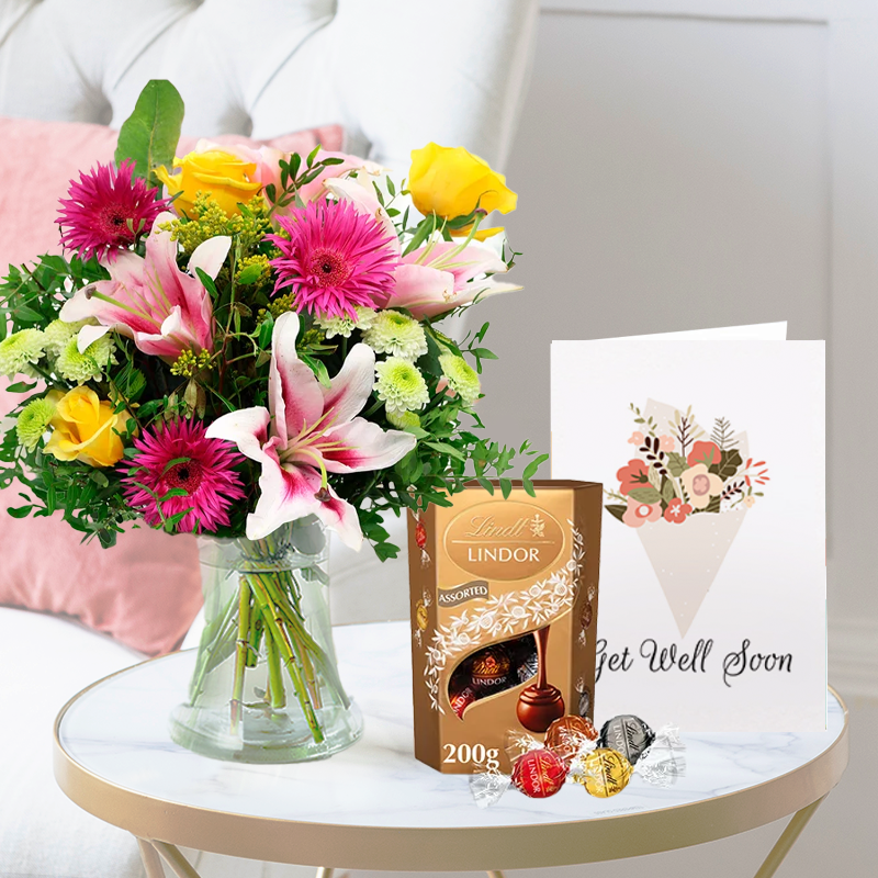 Get Well Flower Bouquet Gift Set - Radiant Glow, Lindor Trufflles & Get Well Soon Card - Green & Pink Lilies & Roses - Next Day Flower & Gift Delivery