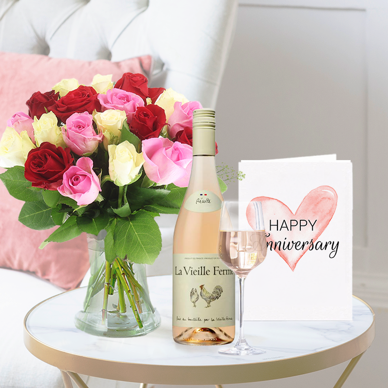 Anniversary Flower Bouquet Gift Set - Rose Medley, Rosé Chicken Wine & Anniversary Card - Cream & Pink Roses - Next Day Flower & Gift Delivery UK -