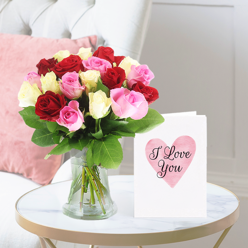 Romance Flower Bouquet Gift Set - Rose Medley & Romance Card - Cream & Pink Roses - Next Day Flower & Gift Delivery UK - Blossoming Gifts