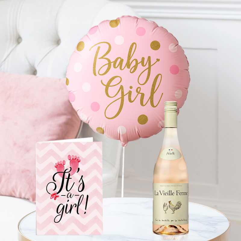 - Baby Girl Balloon, Rosé Chicken Wine & Baby Girl Card - Next Day Flower & Gift Delivery UK - Blossoming Gifts