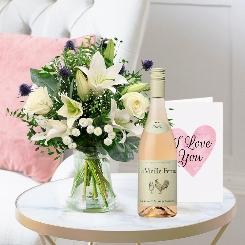 Romance Flower Bouquet Gift Set - Blue Serenity, Rosé Chicken Wine & Romance Card - Blue & Cream Roses - Next Day Flower & Gift Delivery UK -