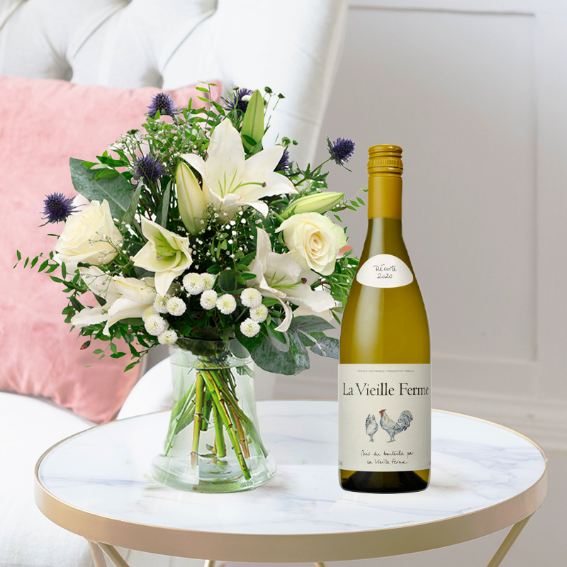 Flowers & Wine Gift Set - Blue Serenity & Rosé Chicken Wine - Blue & Cream Roses & Lilies - Next Day Flower & Gift Delivery UK - Blossoming Gifts