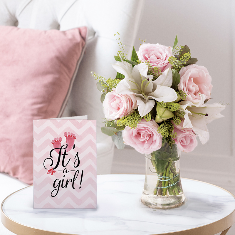 New Baby Flower Bouquet Gift Set - Blush Pink Rose & Lily & Baby Girl Card - Pink & White Roses & Lilies - Next Day Flower & Gift Delivery UK -