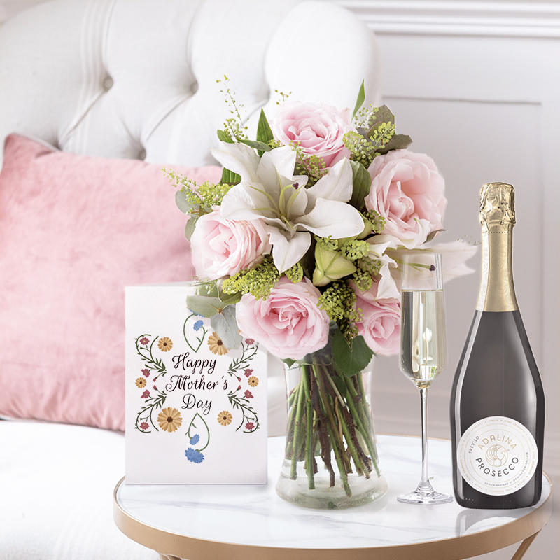 Flowers & Prosecco Gift Set - Blush Pink Rose & Lily, Prosecco and Card - Lillies - Next Day Flower & Gift Delivery UK - Blossoming Gifts