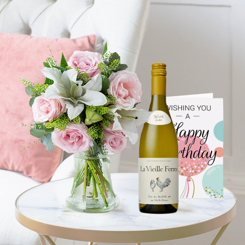 Birthday Flower Bouquet Gift Set - Blush Pink Rose & Lily, Rosé Chicken Wine & Birthday Card - Pink & White Roses & Lilies - Next Day Flower & Gift