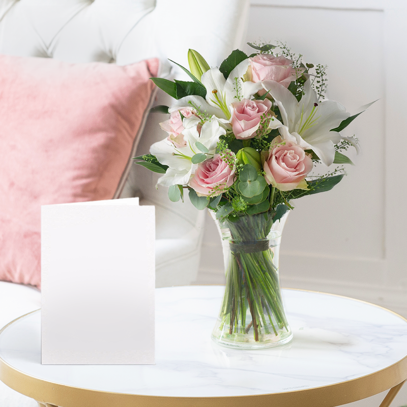 Flowers & Vase Gift Set - Blush Pink Rose & Lily, Vase & Card - Pink & White Lilies - Next Day Flower & Gift Delivery UK - Blossoming Gifts