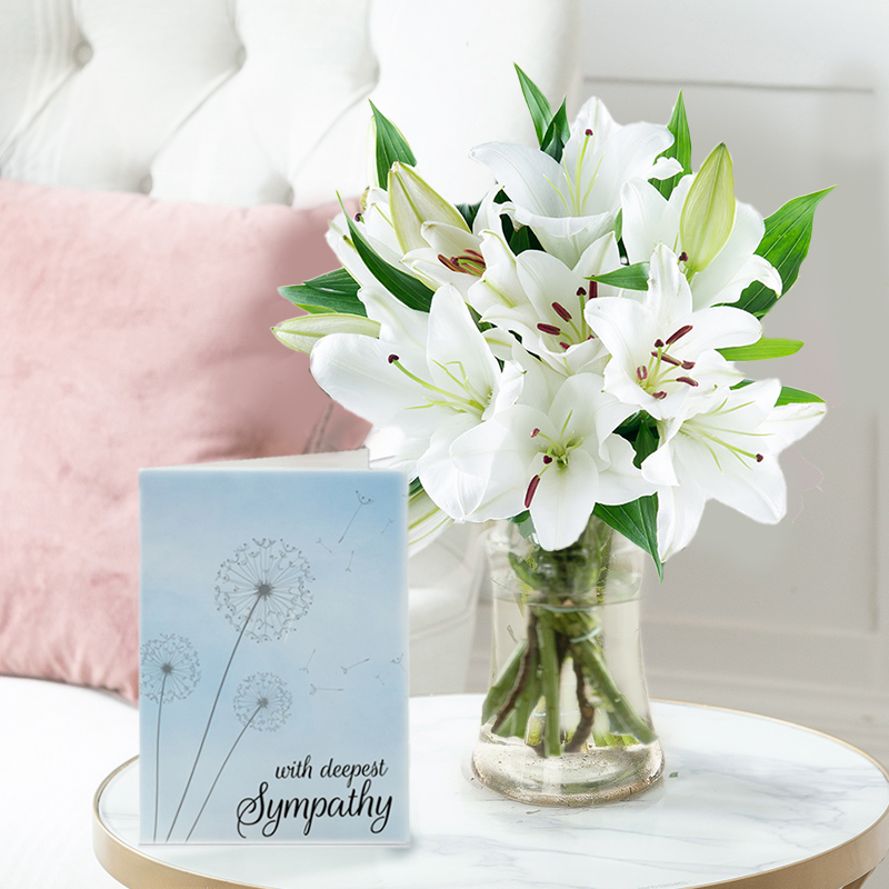 Sympathy Flower Bouquet Gift Set - Casablanca Lily bouquet, Vase & Sympathy Card - White Lilies - Next Day Flower & Gift Delivery UK - Blossoming
