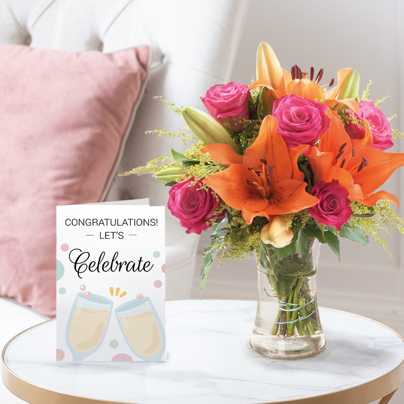 Congratulations Flower Bouquet Gift Set - Cheerful Lily & Rose & Congratulations Card - Orange & Pink Lilies & Roses - Next Day Flower & Gift Delivery