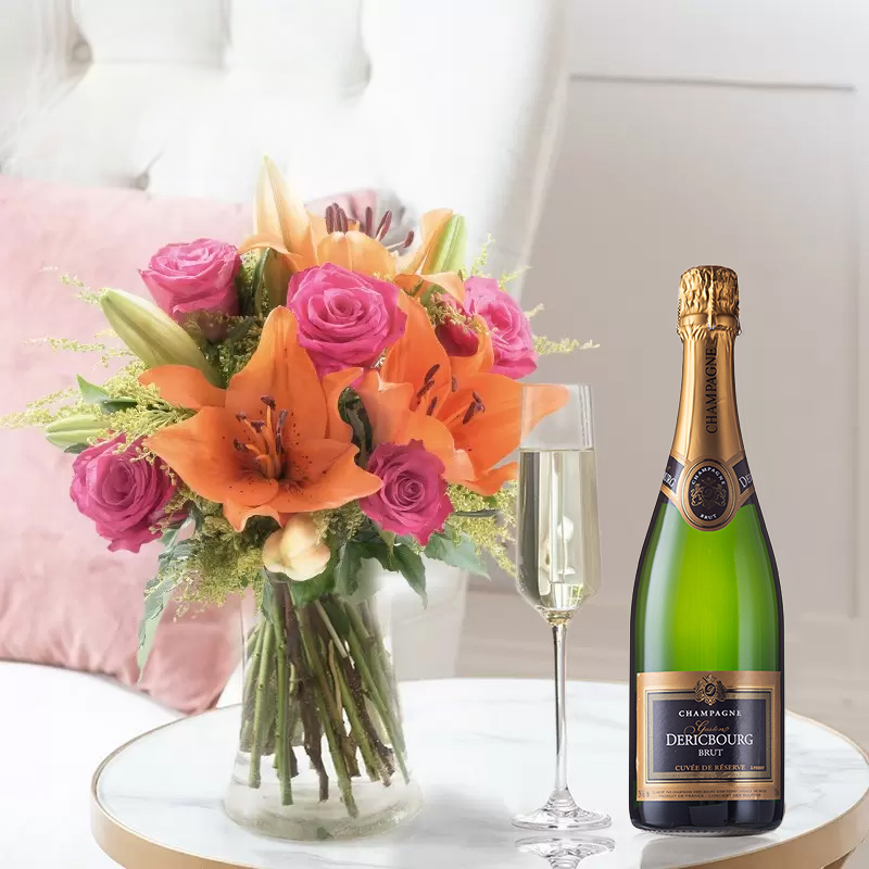 Flowers & Wine Gift Set - Cheerful Lily & Rose, Champagne & Vase - Orange & Pink Lilies & Roses - Next Day Flower & Gift Delivery UK - Blossoming