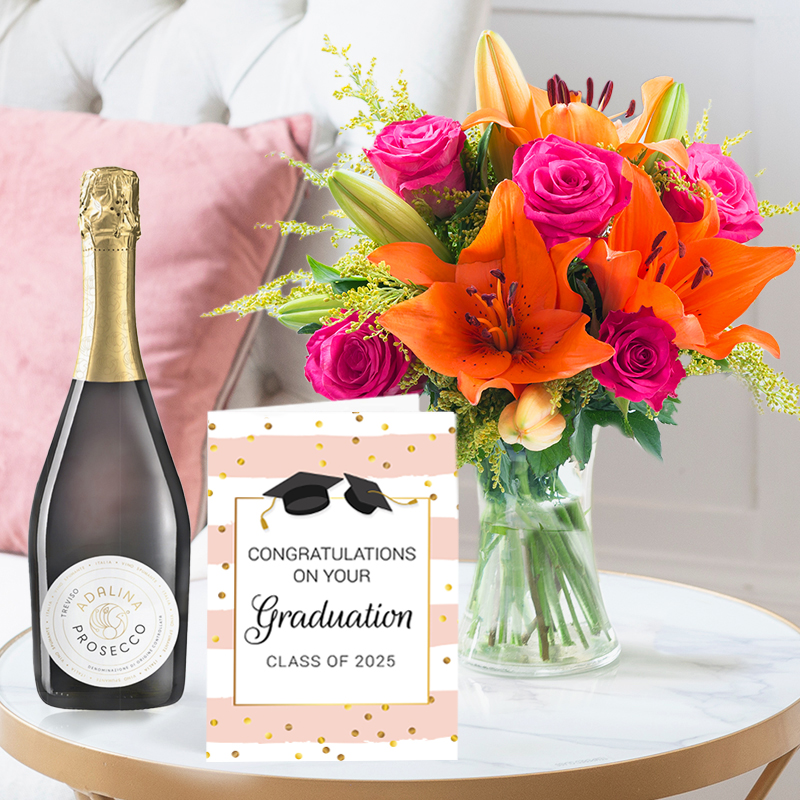 Graduation Flower Bouquet Gift Set - Cheerful Lily & Rose, Prosecco & Graduation Card - Orange & Pink Lilies & Roses - Next Day Flower & Gift Delivery