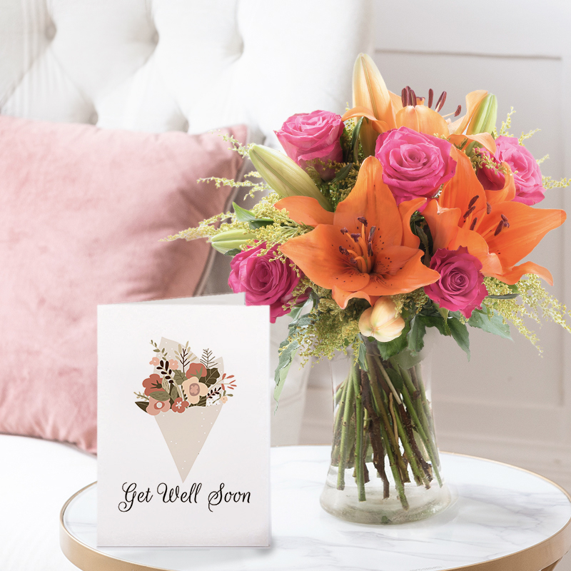 Get Well Flower Bouquet Gift Set - Cheerful Lily & Rose, Vase & Gell Well Card - Orange & Pink Lilies & Roses - Next Day Flower & Gift Delivery UK -