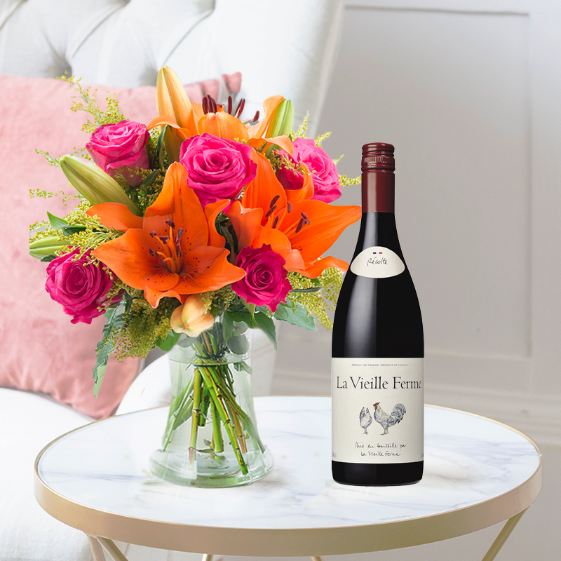 Flowers & Wine Gift Set - Cheerful Lily & Rose & Rosé Chicken Wine - Orange & Pink Lilies & Roses - Next Day Flower & Gift Delivery UK - Blossoming