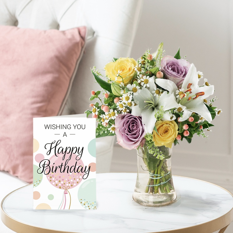 Birthday Flower Bouquet Gift Set - Cipriani & Birthday Card - Green & Lilac Chrysanthemum & Hypericum Berry - Next Day Flower & Gift Delivery UK -