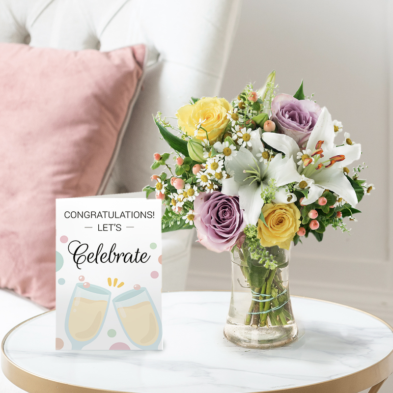 Congratulations Flower Bouquet Gift Set - Cipriani & Congratulations Card - Yellow & Purple Roses & Lilies - Next Day Flower & Gift Delivery UK -