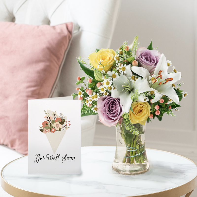 Get Well Flower Bouquet Gift Set - Cipriani & Get Well Soon Card - Yellow & Purple Roses & Lilies - Next Day Flower & Gift Delivery UK - Blossoming