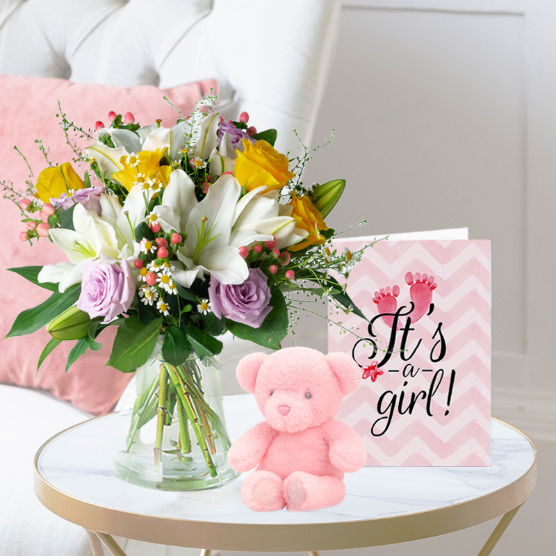 New Baby Flower Bouquet Gift Set - Cipriani, Pink Bunny & Baby Girl Card - Green & Lilac Chrysanthemum & Hypericum Berry - Next Day Flower & Gift