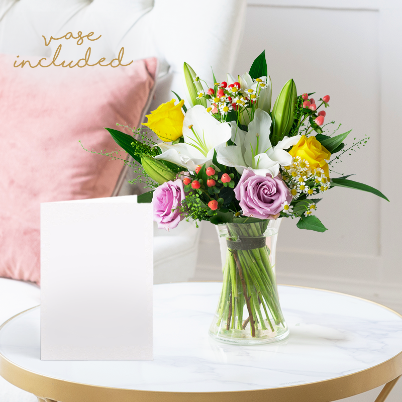 Flowers & Vase Gift Set - Cipriani, Vase & Card - Yellow & Purple Roses & Lilies - Next Day Flower & Gift Delivery UK - Blossoming Gifts