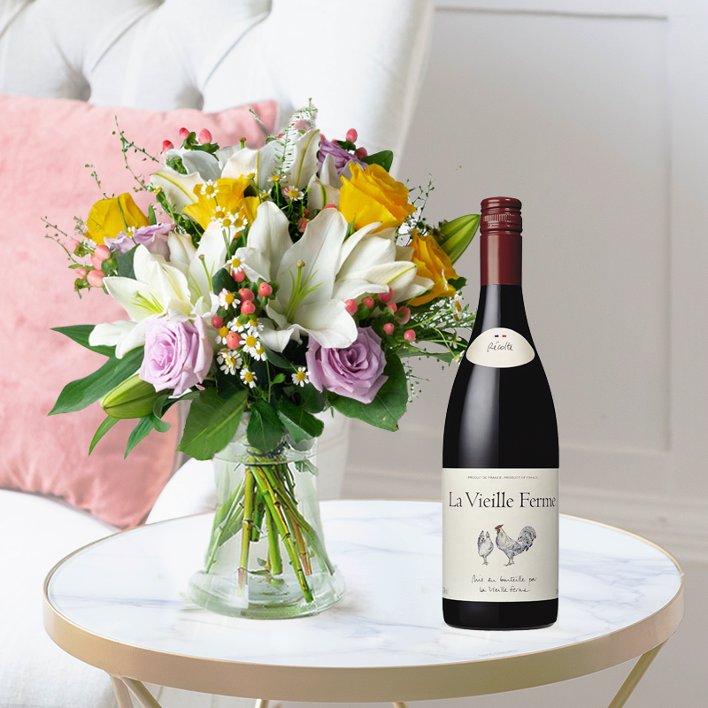 Flowers & Wine Gift Set - Cipriani & Rosé Chicken Wine - Yellow & Purple Roses & Lilies - Next Day Flower & Gift Delivery UK - Blossoming Gifts