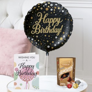 Happy Birthday Black and Gold Balloon, Lindor Assorted Truffles (200g) & Happy Birthday Card