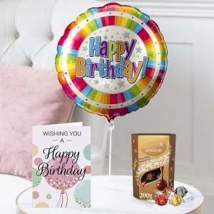 Happy Birthday Colourful Balloon, Lindor Assorted Truffles (200g) & Happy Birthday Card