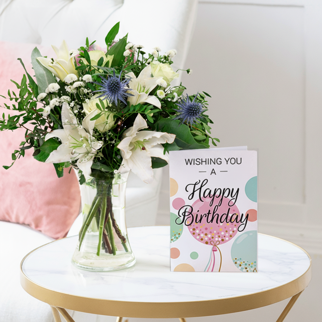 Birthday Flower Bouquet Gift Set - Blissful White, Vase & Birthday Card - Blue & Cream Lilies & Roses - Next Day Flower & Gift Delivery UK -