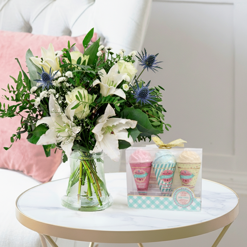 Flower Bouquet Gift Set - Blissful White & Bath Fizzer Set - Blue & Cream Lilies & Roses - Next Day Flower & Gift Delivery UK - Blossoming Gifts