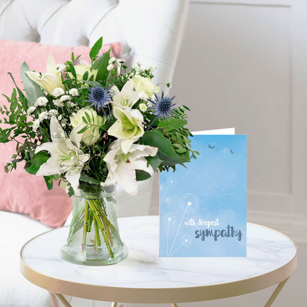 Sympathy Flower Bouquet Gift Set - Blissful White & Sympathy Card - Blue & Cream Lilies & Roses - Next Day Flower & Gift Delivery UK - Blossoming