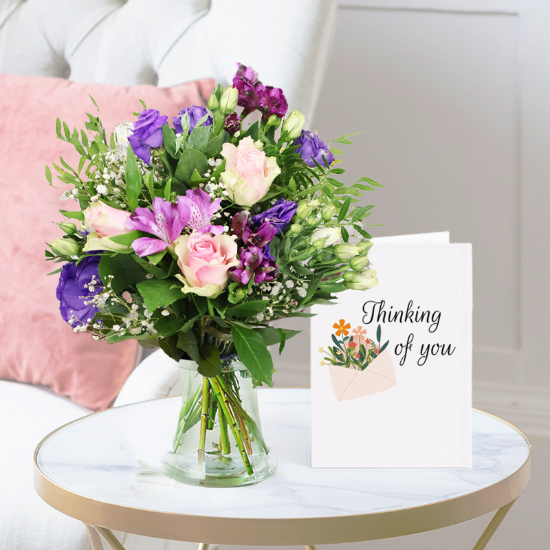 Thinking Of You Flower Bouquet Gift Set - Elegance Letterbox & Thinking of You Card - Letterbox Flowers - Pink & Purple Alstroemeria & Eustoma - Next