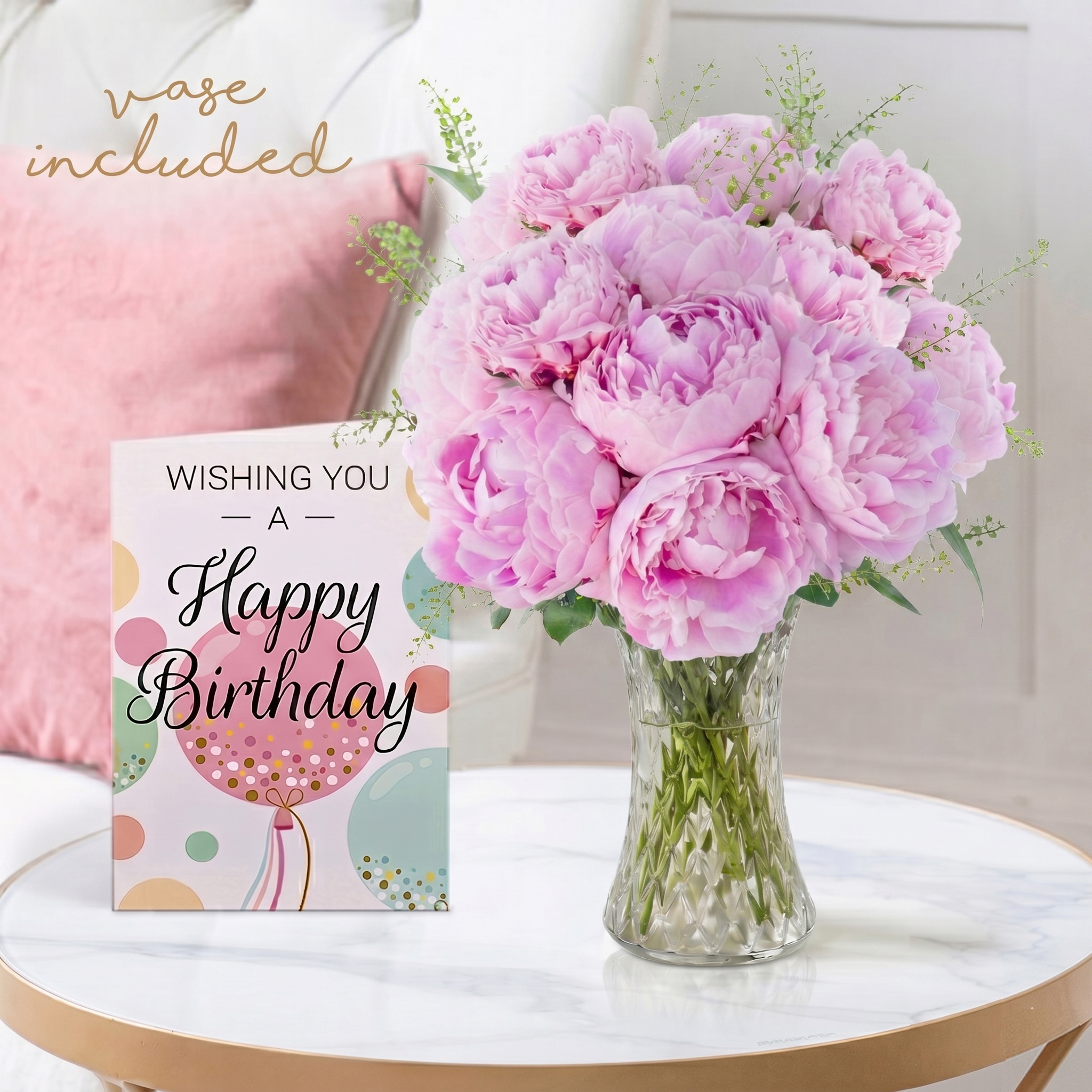 Pink Peonies, Vase & Birthday Card | Send Sunshine to Their Door | Summer Flowers | Next Day Flower Delivery UK - Blossoming Gifts