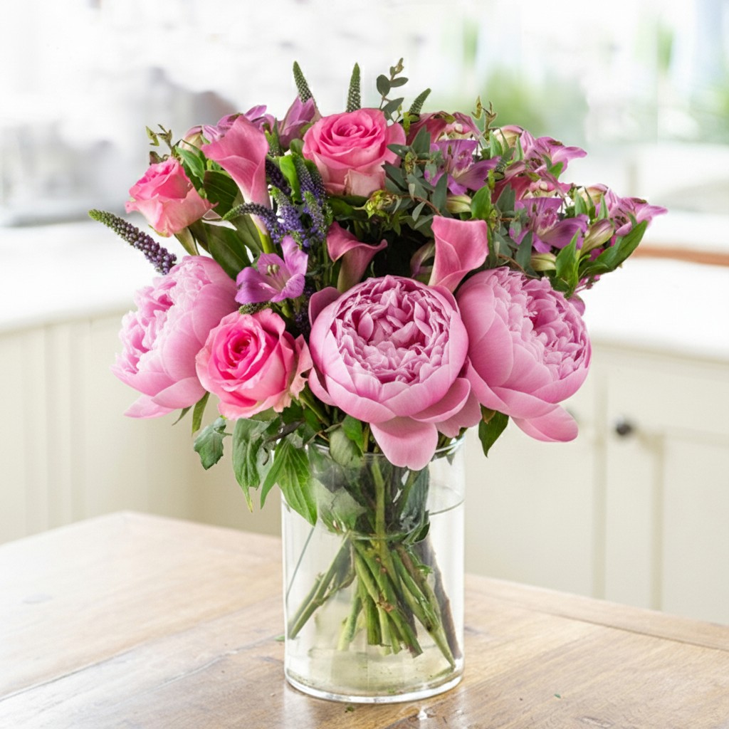 peonies,roses,lilies,alstroemeria,veronica,eucalyptus,bupleurum,calla lily,salal